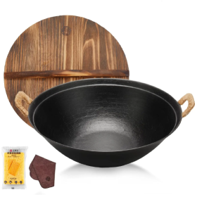 WANGYUANJI 14.2 Handmade Wok, Cast Iron Wok Pan, Large Flat Bottom Wok Stir With Dual Handle And Wooden Lid, Suitable For All Cooktops, Uncoated