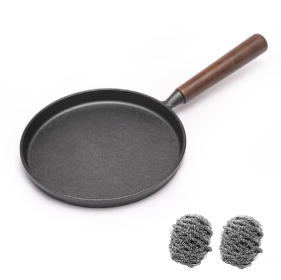 WANGYUANJI Cast Iron Pizza Pan 7.9, Uncoated Pancake Skillet For Indoor And Outdoor, Non-Stick Skillet With Wooden Handle, Handmade Pancakes, Piz