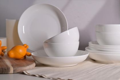 Setaria Bone China Dinnerware Set, 12 Pieces, Service For 4, Plates, Dishes, Bowls Set, Microwave And Dishwasher Safe, Ivory White With Narrow Cu