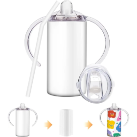 Sublimation Sippy Cup Blank With Handle, 12oz Stainless Steel Sippy Cups, Kids Cups With Straws And Lids Spill Proof Double Wall Vacuum Cups For